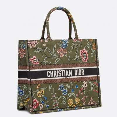 Dior Large Book Tote Bag In Green Dior Petites Fleurs Embroidery LDBS240364