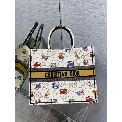 Dior Large Book Tote Bag In White Pixel Zodiac Embroidery LDBS240371