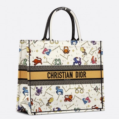 Dior Large Book Tote Bag In White Pixel Zodiac Embroidery LDBS240371