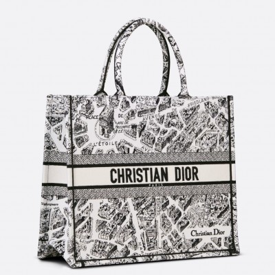 Dior Large Book Tote Bag In White Plan de Paris Embroidery LDBS240372