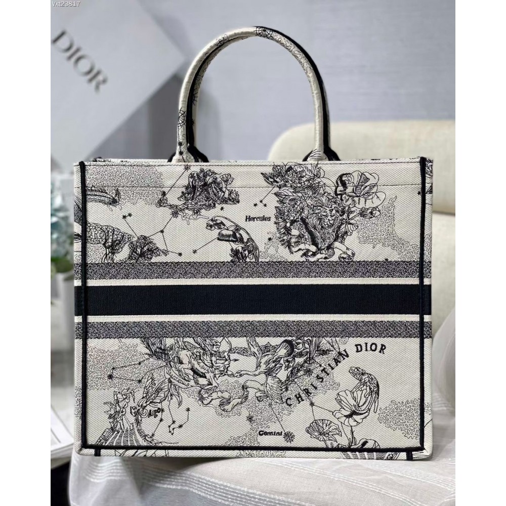 Dior Large Book Tote Bag In White Toile de Jouy Zodiac Embroidery LDBS240375