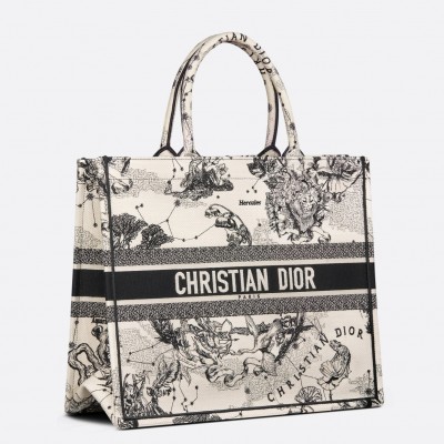 Dior Large Book Tote Bag In White Toile de Jouy Zodiac Embroidery LDBS240375