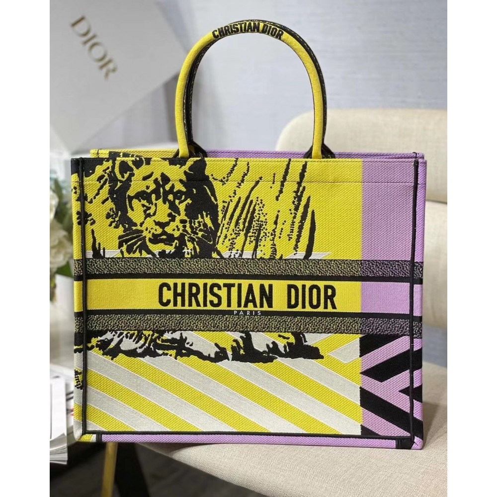 Dior Large Book Tote Bag In Yellow D-Jungle Pop Embroidery LDBS240376