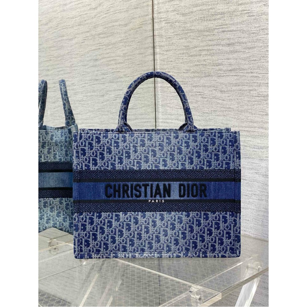 Dior Large Book Tote Bag in Blue Denim Oblique Jacquard LDBS240358