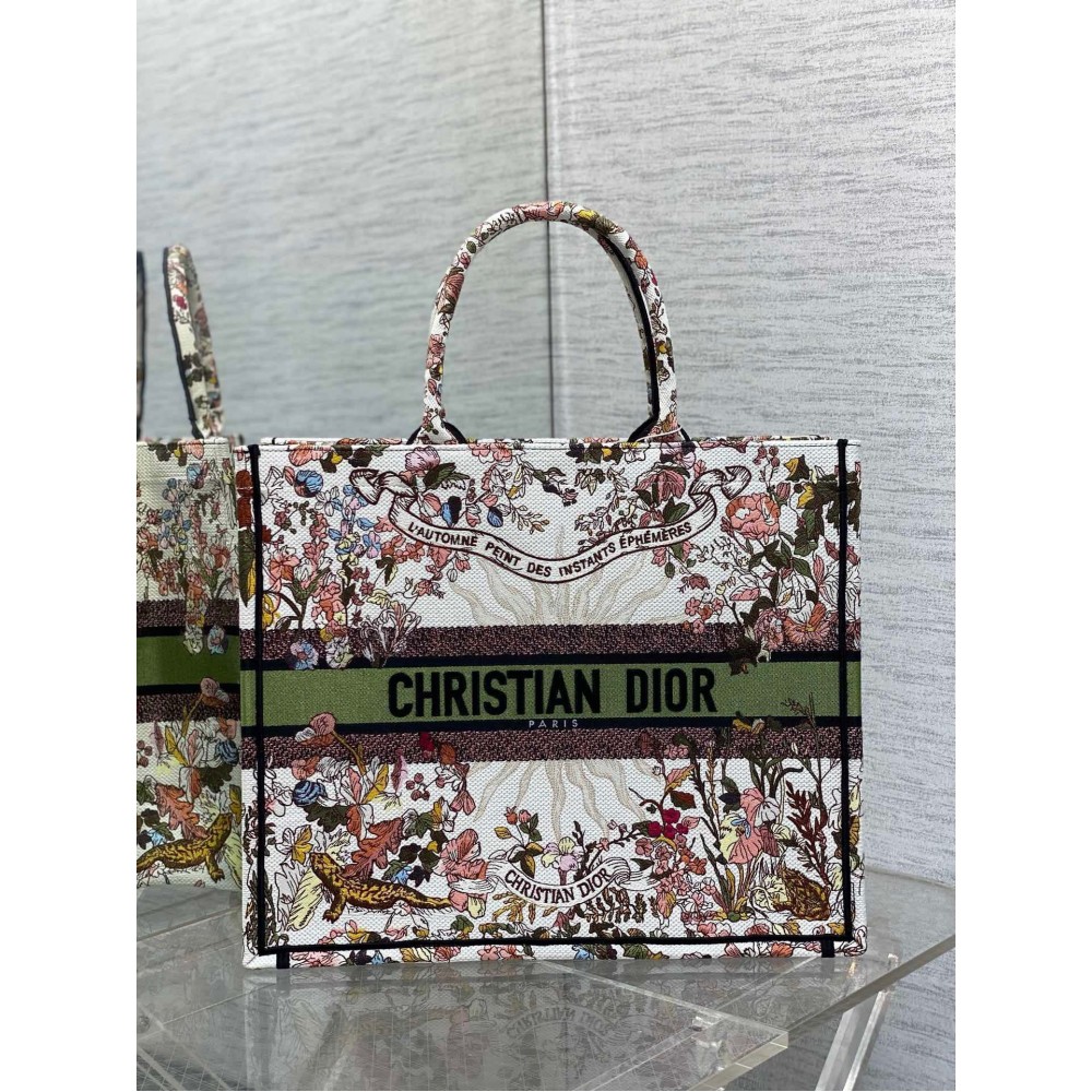 Dior Large Book Tote Bag in Dior 4 Saisons Automne Soleil Embroidery LDBS240362