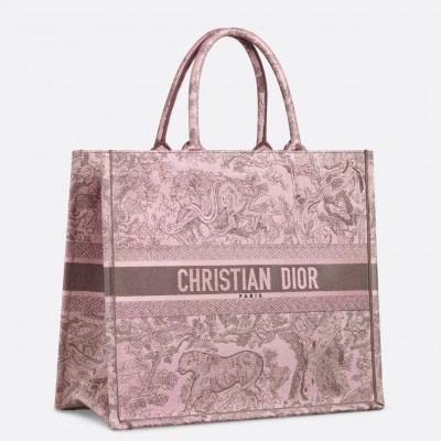 Dior Large Book Tote Bag in Pink and Gray Toile de Jouy Sauvage Embroidery LDBS240365