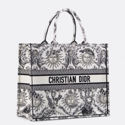 Dior Large Book Tote Bag in White Toile de Jouy Soleil Embroidery LDBS240374