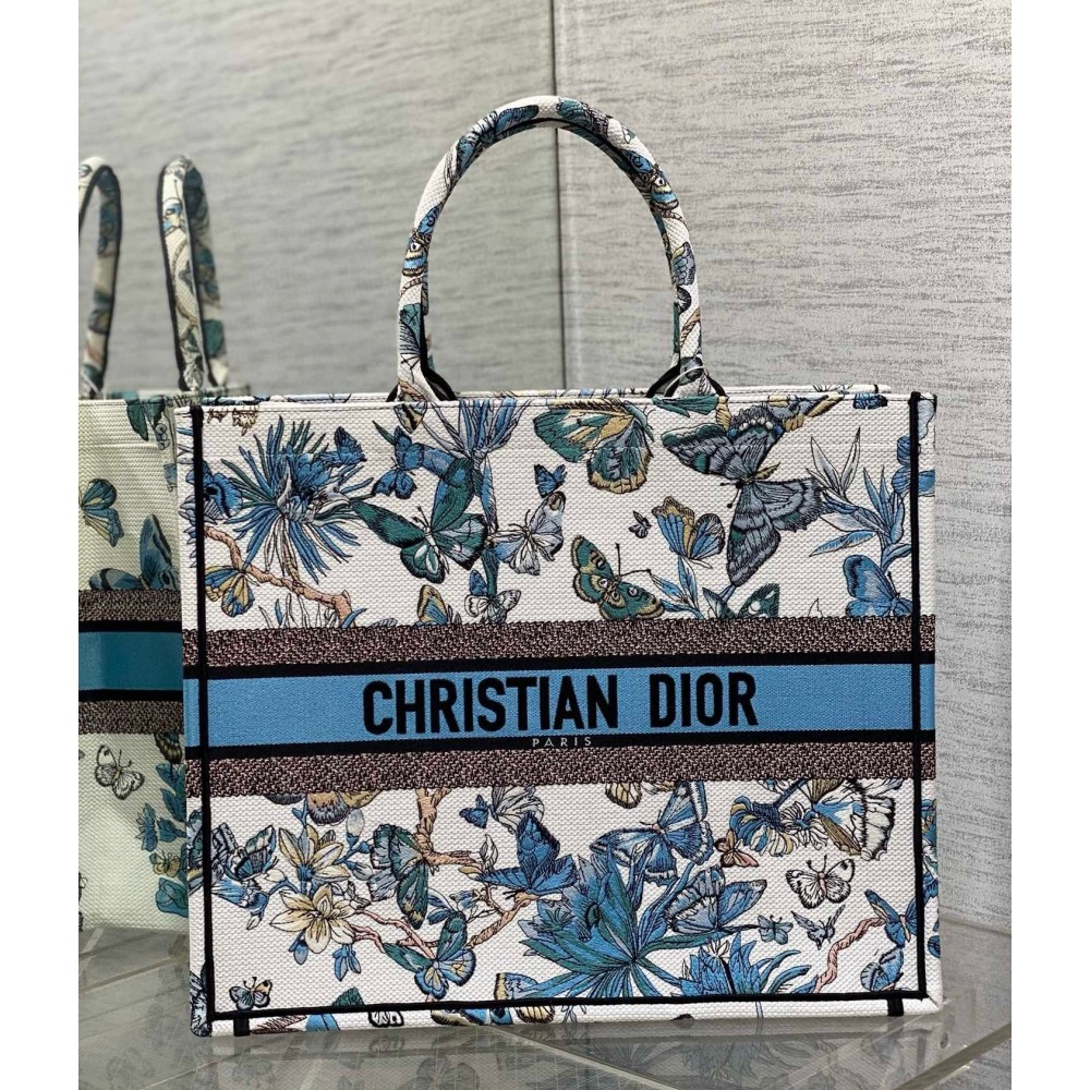 Dior Large Book Tote Bag in White and Blue Toile de Jouy Mexico Embroidery LDBS240368