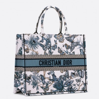 Dior Large Book Tote Bag in White and Blue Toile de Jouy Mexico Embroidery LDBS240368