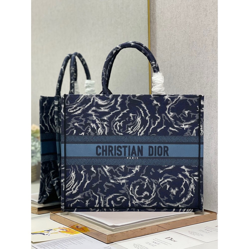 Dior Large Book Tote In Blue Dior Roses Embroidery LDBS240379