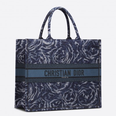 Dior Large Book Tote In Blue Dior Roses Embroidery LDBS240379