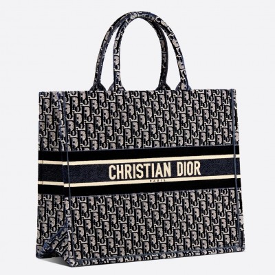 Dior Large Book Tote In Blue Oblique Embroidered Velvet LDBS240098