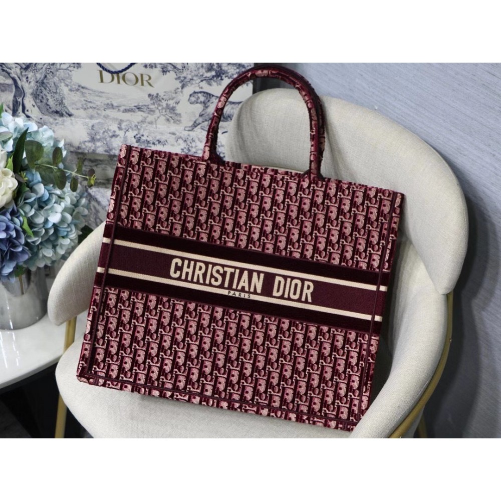 Dior Large Book Tote In Bordeaux Oblique Embroidered Velvet LDBS240381