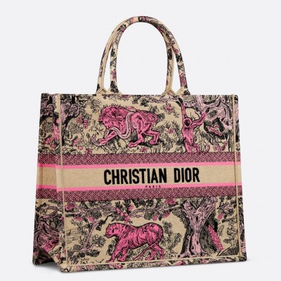 Dior Large Dioriviera Book Tote in Raffia with Pink Toile de Jouy Sauvage Embroidery LDBS240391