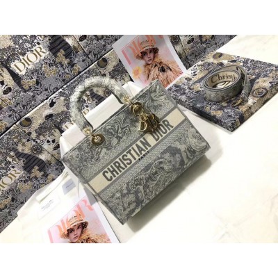 Dior Large Lady D-Lite Bag In Gray Toile de Jouy Reverse Embroidery LDBS240409