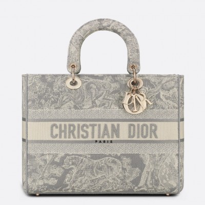 Dior Large Lady D-Lite Bag In Gray Toile de Jouy Reverse Embroidery LDBS240409