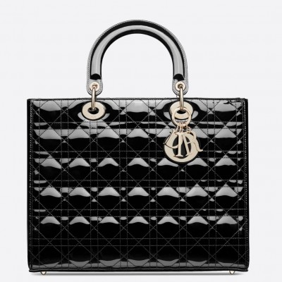 Dior Large Lady Dior Bag In Black Patent Cannage Calfskin LDBS240394