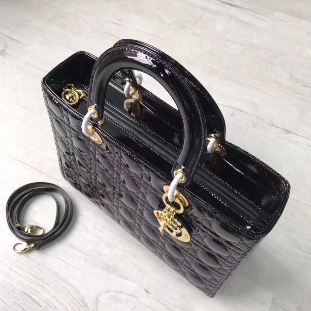 Dior Large Lady Dior Bag In Black Patent Leather LDBS240395