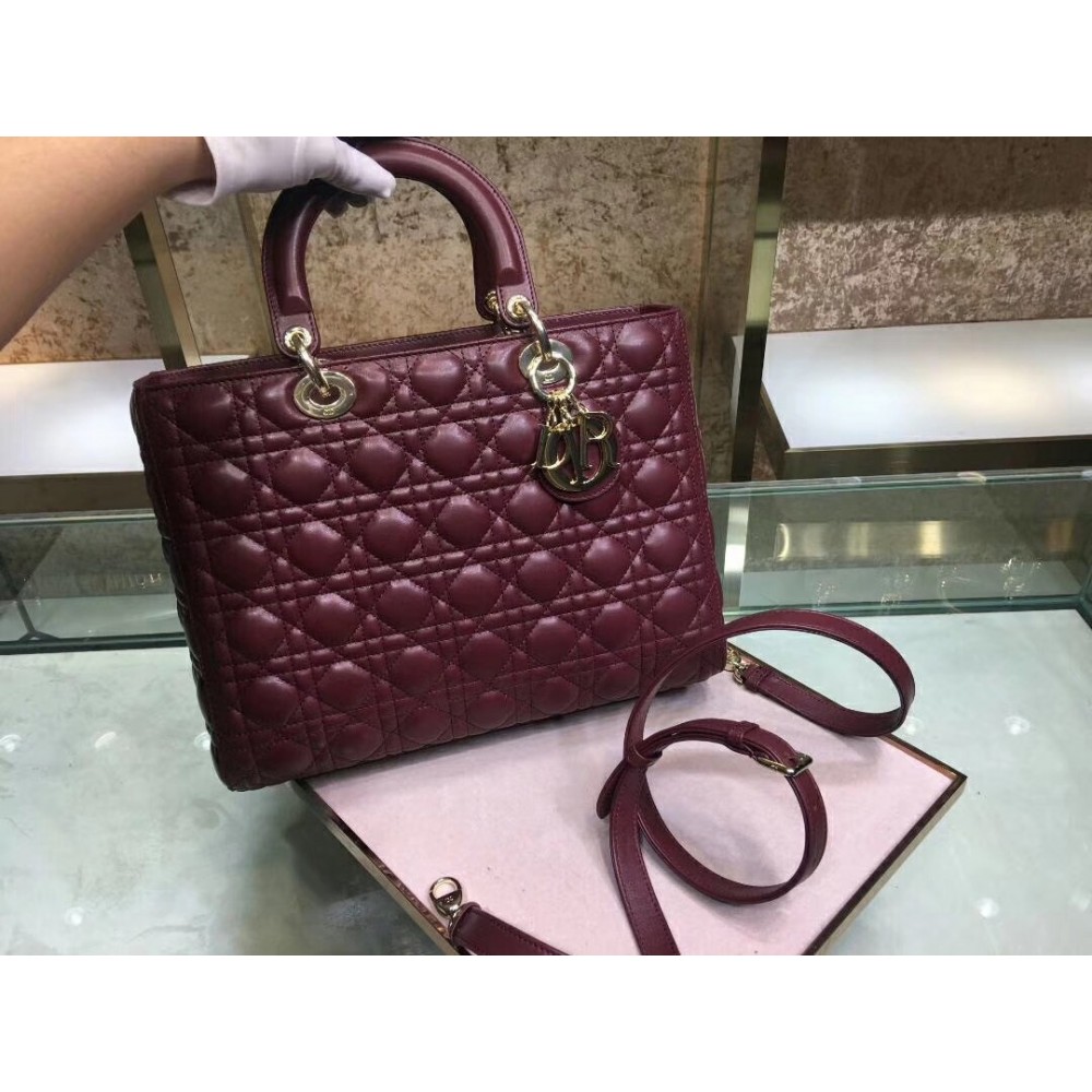 Dior Large Lady Dior Bag In Bordeaux Cannage Lambskin LDBS240397