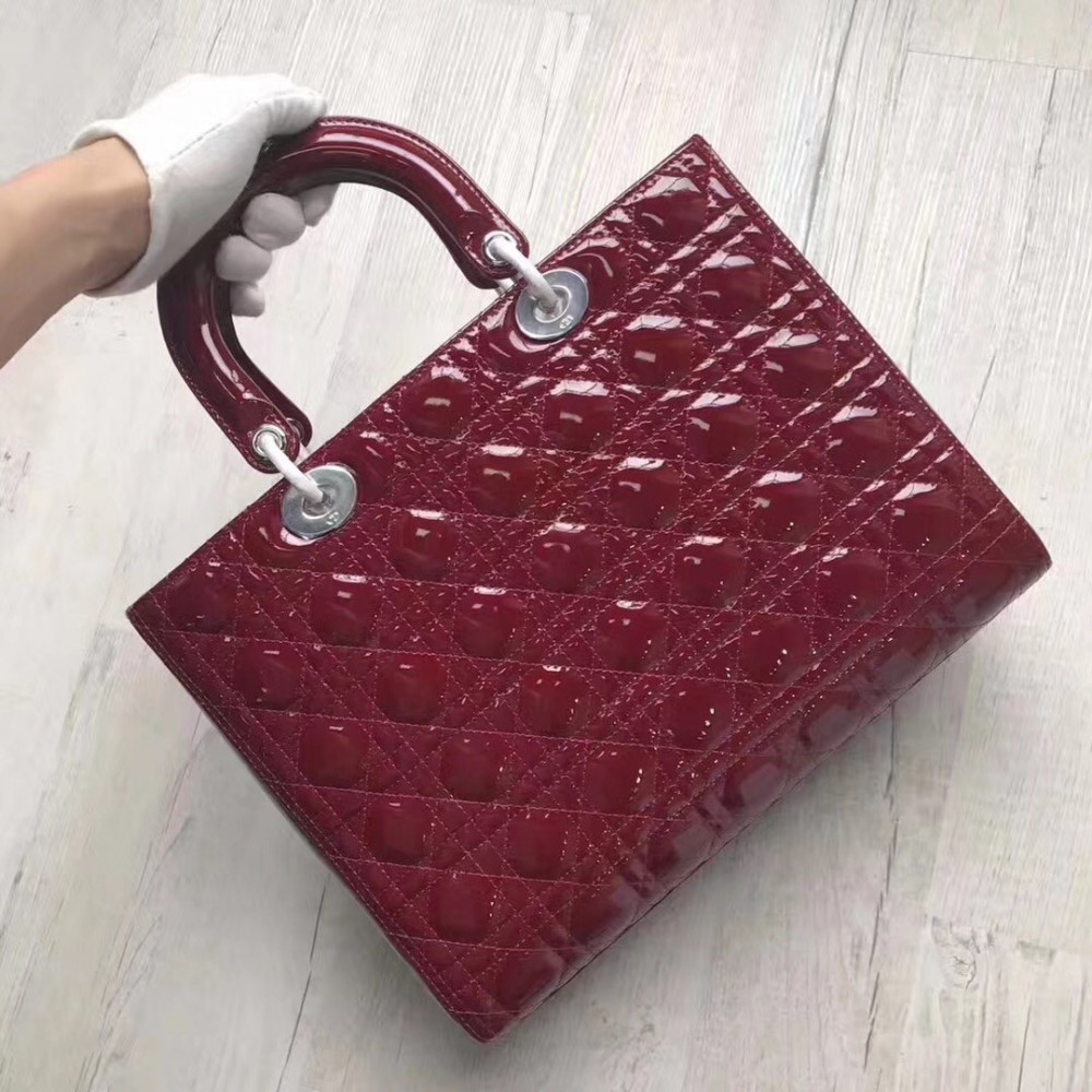 Dior Large Lady Dior Bag In Bordeaux Patent Leather LDBS240398