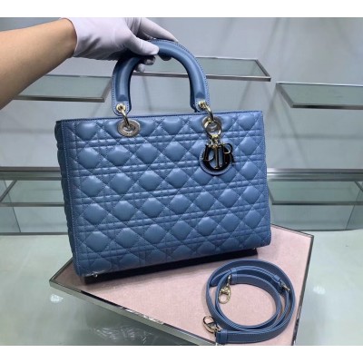 Dior Large Lady Dior Bag In Denim Blue Cannage Lambskin LDBS240399