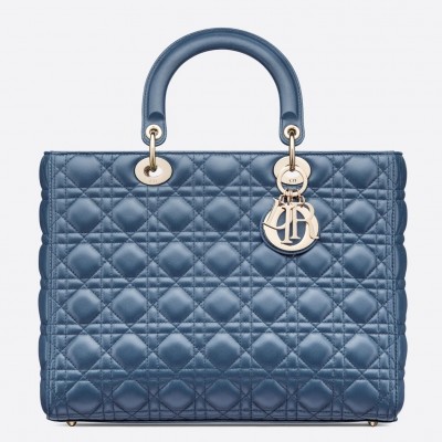 Dior Large Lady Dior Bag In Denim Blue Cannage Lambskin LDBS240399