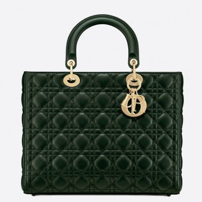 Dior Large Lady Dior Bag In Green Cannage Lambskin LDBS240400