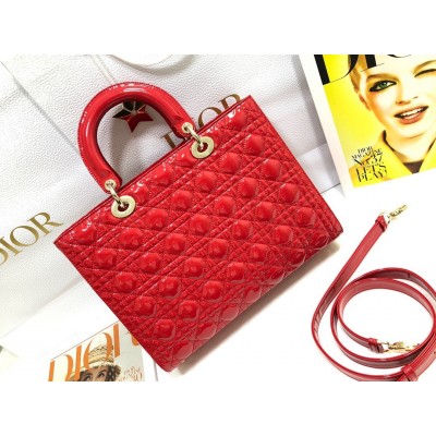 Dior Large Lady Dior Bag In Red Patent Cannage Calfskin LDBS240405