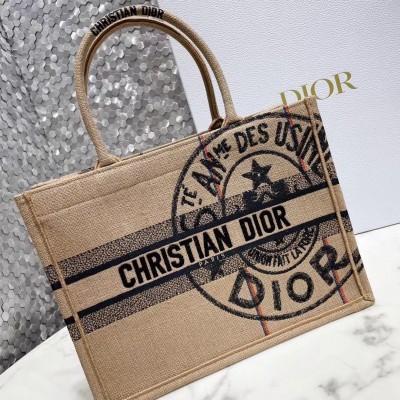 Dior Medium Book Tote Bag In Beige Jute Canvas with Dior Union Motif LDBS240433