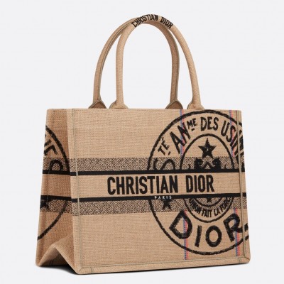 Dior Medium Book Tote Bag In Beige Jute Canvas with Dior Union Motif LDBS240433