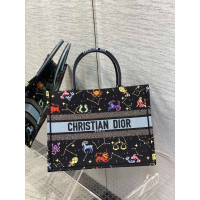 Dior Medium Book Tote Bag In Black Pixel Zodiac Embroidery LDBS240436