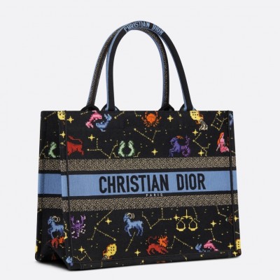 Dior Medium Book Tote Bag In Black Pixel Zodiac Embroidery LDBS240436