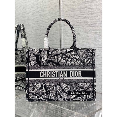 Dior Medium Book Tote Bag In Black Plan de Paris Embroidery LDBS240437