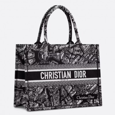 Dior Medium Book Tote Bag In Black Plan de Paris Embroidery LDBS240437