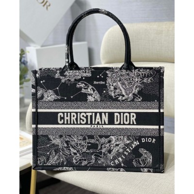 Dior Medium Book Tote Bag In Black Toile de Jouy Zodiac Embroidery LDBS240439