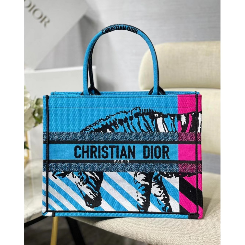 Dior Medium Book Tote Bag In Blue D-Jungle Pop Embroidery LDBS240442