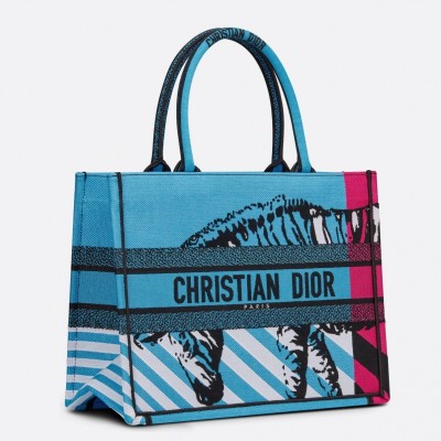 Dior Medium Book Tote Bag In Blue D-Jungle Pop Embroidery LDBS240442