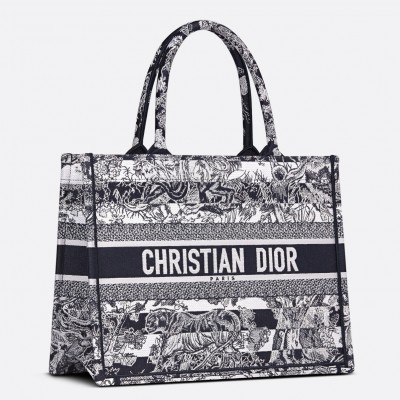 Dior Medium Book Tote Bag In Blue Toile de Jouy Stripes Embroidery LDBS240444