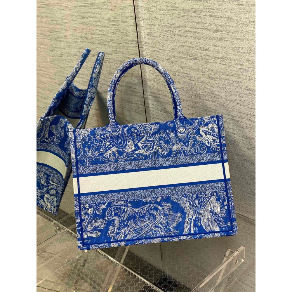 Dior Medium Book Tote Bag In Fluorescent Blue Toile de Jouy Reverse Embroidery LDBS240452