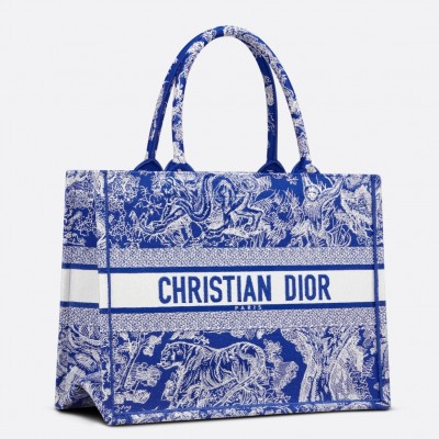 Dior Medium Book Tote Bag In Fluorescent Blue Toile de Jouy Reverse Embroidery LDBS240452