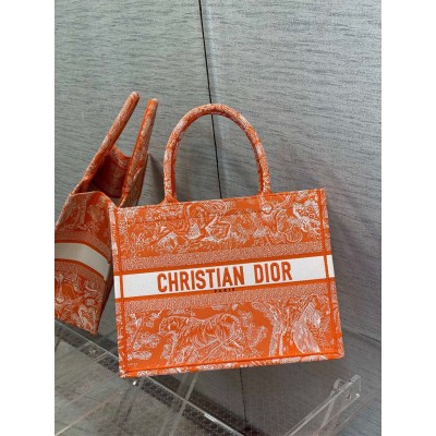 Dior Medium Book Tote Bag In Fluorescent Orange Toile de Jouy Reverse Embroidery LDBS240453