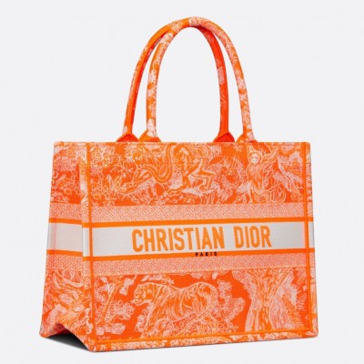 Dior Medium Book Tote Bag In Fluorescent Orange Toile de Jouy Reverse Embroidery LDBS240453