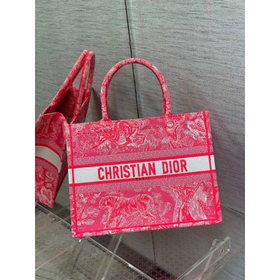 Dior Medium Book Tote Bag In Fluorescent Pink Toile de Jouy Reverse Embroidery LDBS240454