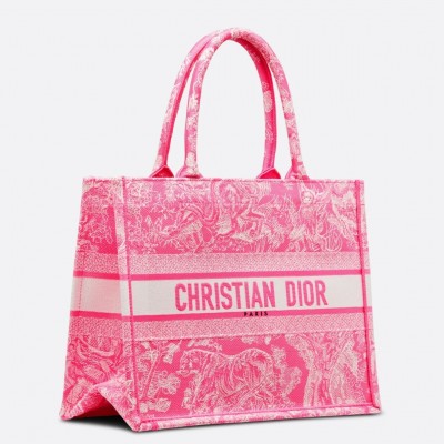 Dior Medium Book Tote Bag In Fluorescent Pink Toile de Jouy Reverse Embroidery LDBS240454