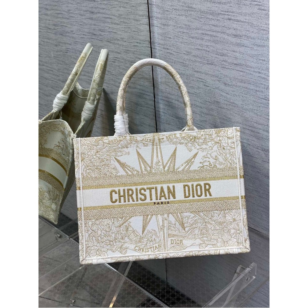 Dior Medium Book Tote Bag In Gold Reve d'Infini Embroidery LDBS240455