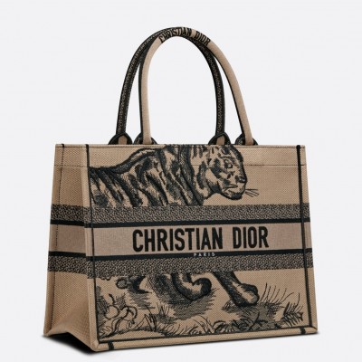 Dior Medium Book Tote Bag In Macro Toile de Jouy Tiger Embroidery LDBS240458