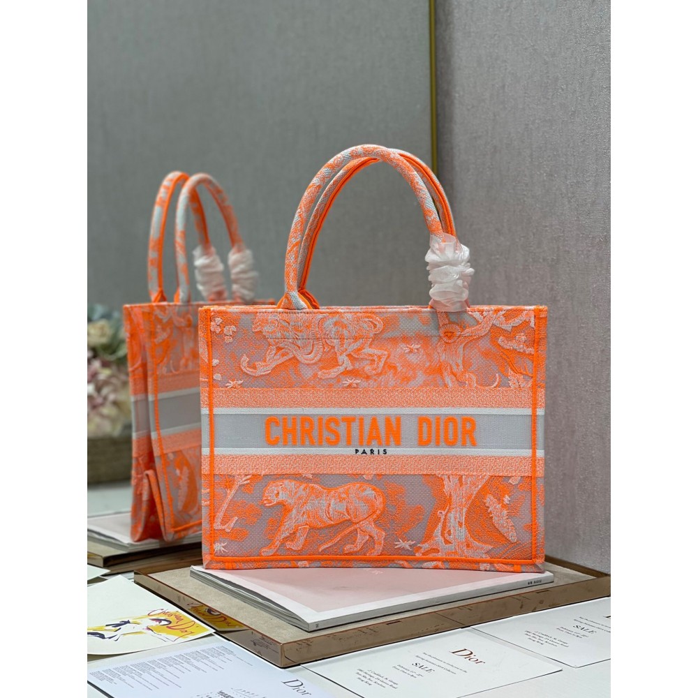 Dior Medium Book Tote Bag In Orange Transparent Toile de Jouy Canvas LDBS240460