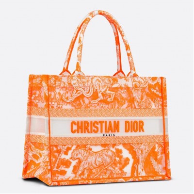 Dior Medium Book Tote Bag In Orange Transparent Toile de Jouy Canvas LDBS240460