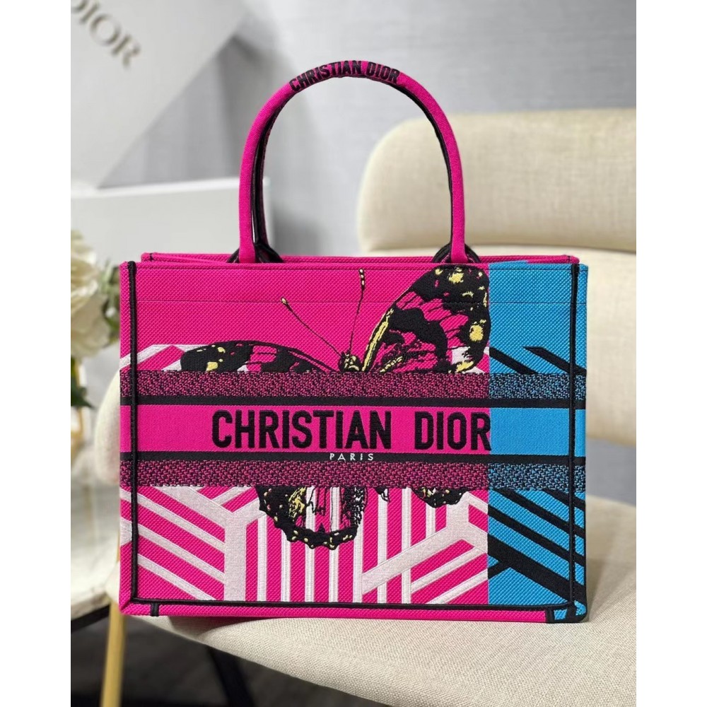 Dior Medium Book Tote Bag In Pink D-Jungle Pop Embroidery LDBS240461