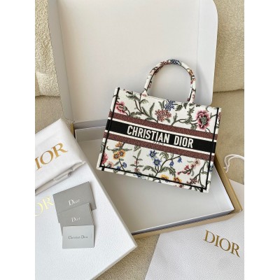 Dior Medium Book Tote Bag In White Dior Petites Fleurs Embroidery LDBS240468